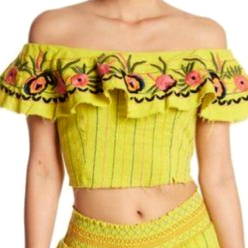 Red Carter Revolve Alta Bright Yellow Embroidered Crop‎ Top